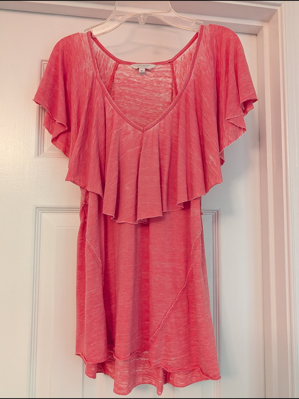Lucky Brand Coral Pink Ruffle V-Neck Top